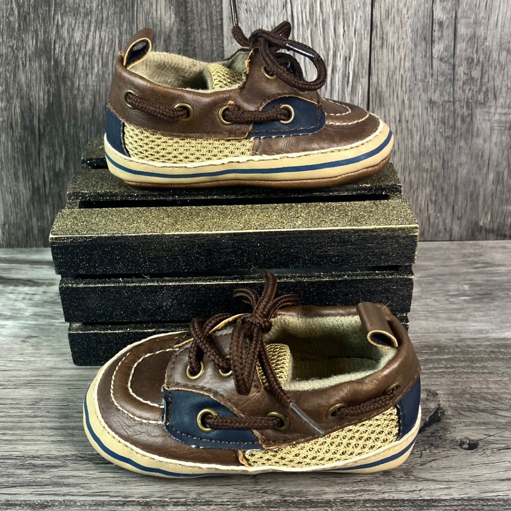 Koala Baby Infant Size 2 Brown Blue Soft Sole Nautical Boat Shoes Crib Shoes